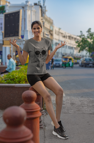 Unisex Classic Crew T-Shirt - 'Don't Stress Meowt' Cat Design | Playful Monochrome Graphic Tee with Sunglasses Cat & Hand-Drawn Text