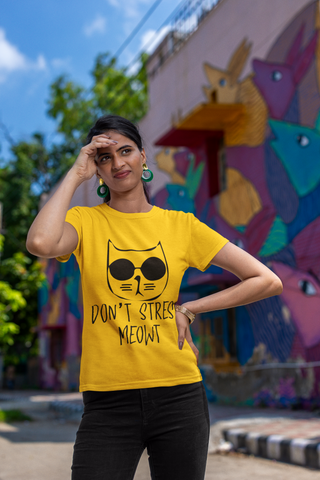 Unisex Classic Crew T-Shirt - 'Don't Stress Meowt' Cat Design | Playful Monochrome Graphic Tee with Sunglasses Cat & Hand-Drawn Text