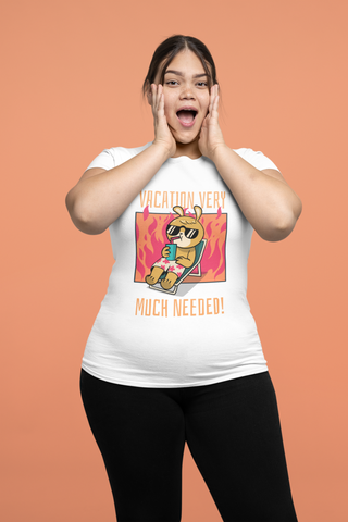 Women’s Black Cotton T-Shirt – “Vacation Very Much Needed!” Funny Holiday Graphic Tee