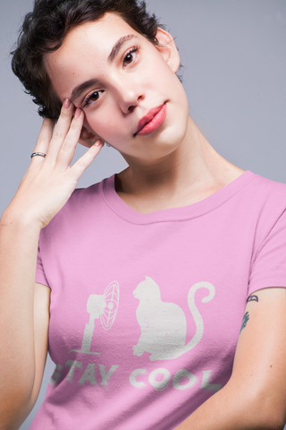 Unisex Classic Crew T-Shirt - 'Stay Cool' Cat & Fan Graphic | Monochrome Humor Design | Vintage Minimalist Style