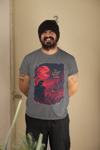 The Night Never Ends Gothic Fantasy Crew Neck T-Shirt – Unisex Premium Cotton Tee | BOTC Collection | Meraki Thread
