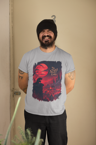 The Night Never Ends Gothic Fantasy Crew Neck T-Shirt – Unisex Premium Cotton Tee | BOTC Collection | Meraki Thread