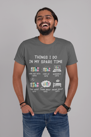 Unisex Classic Crew T-Shirt - Whimsical Cat Activities Design | Pastel Cartoon Humor on Dark Background