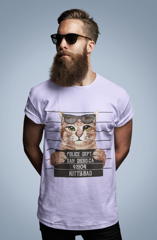 Humorous Cat Mugshot T-Shirt - Quirky Unisex Tee with Rebellious Sunglasses Design in Earthy Tones