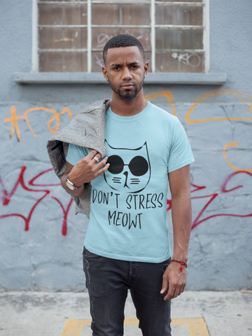 Unisex Classic Crew T-Shirt - 'Don't Stress Meowt' Cat Design | Playful Monochrome Graphic Tee with Sunglasses Cat & Hand-Drawn Text