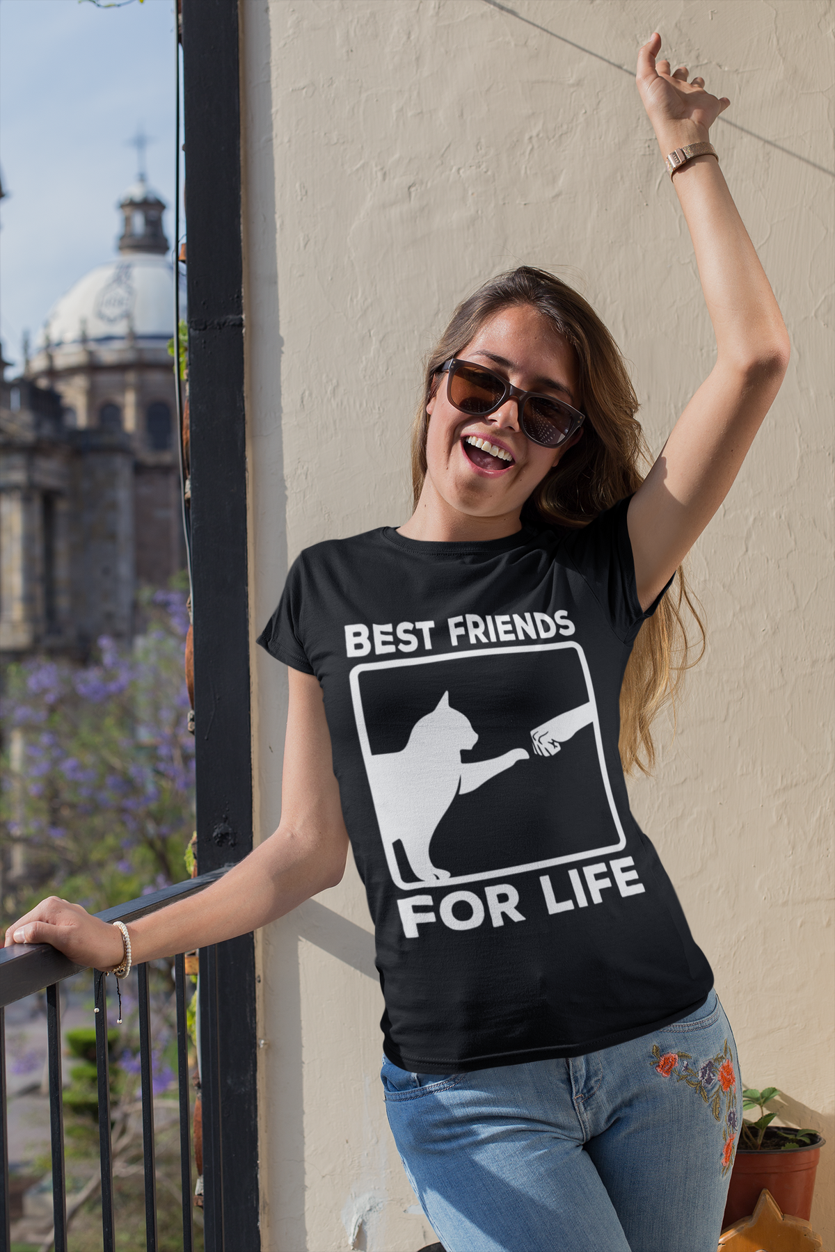 Unisex Classic Crew T-Shirt - 'Best Friends for Life' Cat & Human Fist Bump Graphic Tee | Monochrome Minimalist Design for Cat Lovers