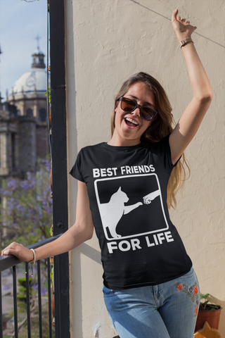 Unisex Classic Crew T-Shirt - 'Best Friends for Life' Cat & Human Fist Bump Graphic Tee | Monochrome Minimalist Design for Cat Lovers