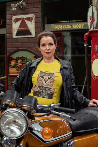 Humorous Cat Mugshot T-Shirt - Quirky Unisex Tee with Rebellious Sunglasses Design in Earthy Tones