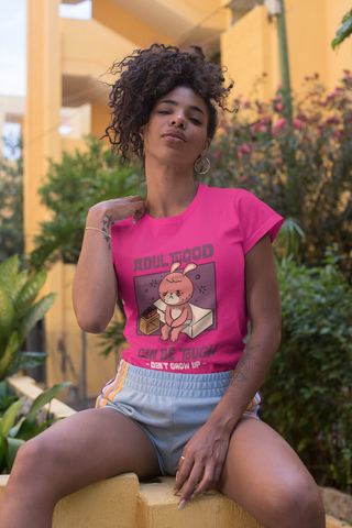 Women’s Cotton T-Shirt – “Adulthood Can Be Tough, Don’t Grow Up” Funny Cartoon Graphic Tee