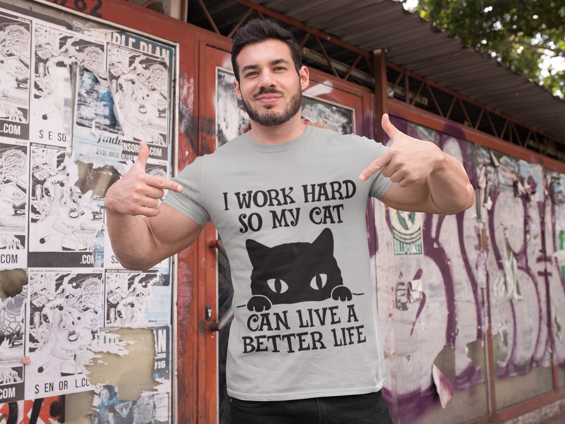 Unisex Classic Crew T-Shirt - Humorous Cat Lover Design | Bold Black Text & Whimsical Silhouette on Gray | Playful Pet-Themed Apparel