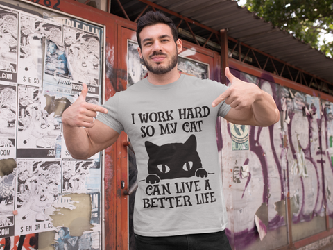 Unisex Classic Crew T-Shirt - Humorous Cat Lover Design | Bold Black Text & Whimsical Silhouette on Gray | Playful Pet-Themed Apparel