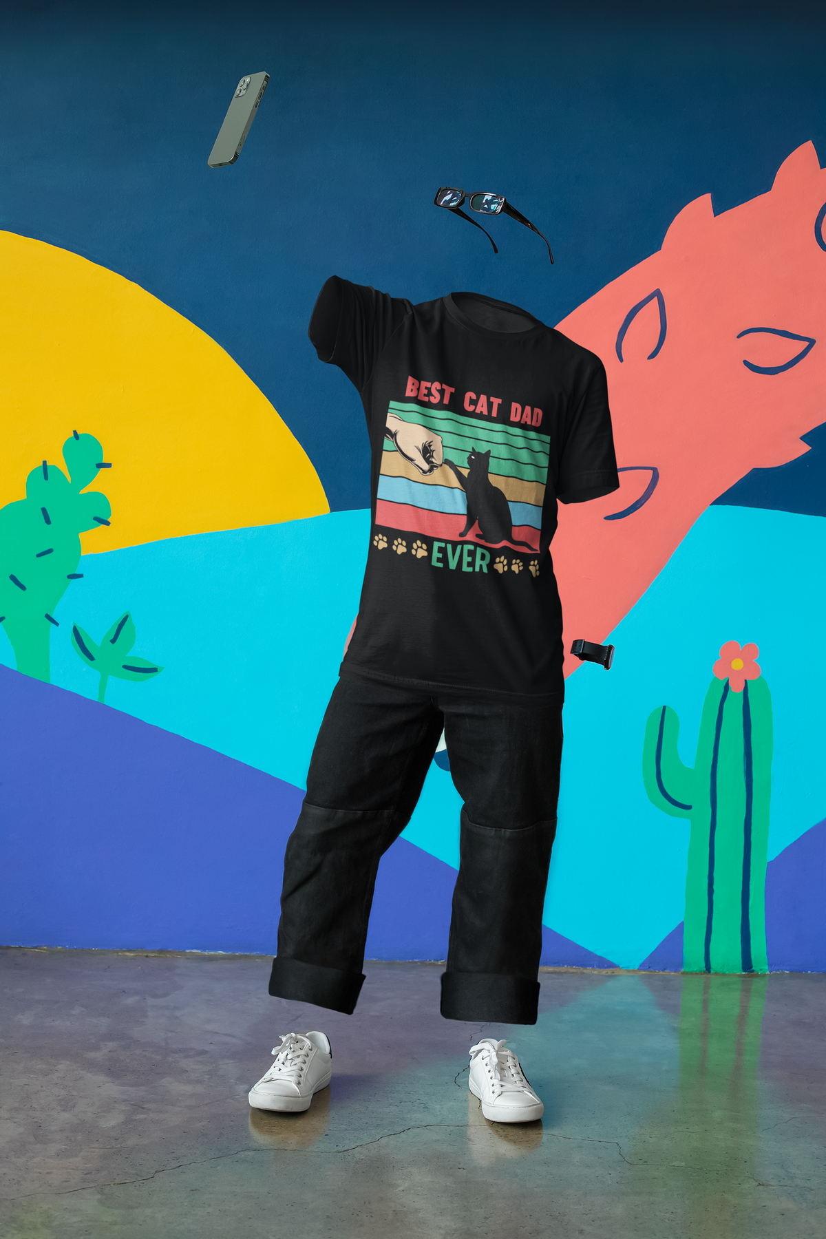 Retro 'Best Cat Dad Ever' T-Shirt – Vibrant Fist Bump Design for Pet Lovers