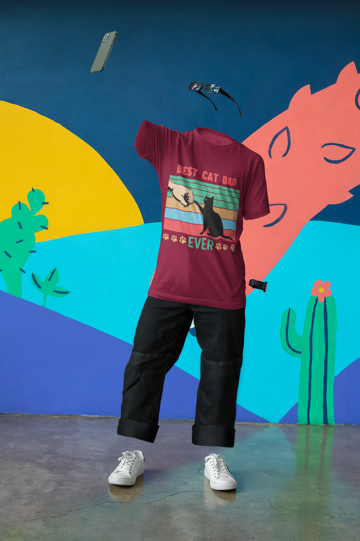 Retro 'Best Cat Dad Ever' T-Shirt – Vibrant Fist Bump Design for Pet Lovers