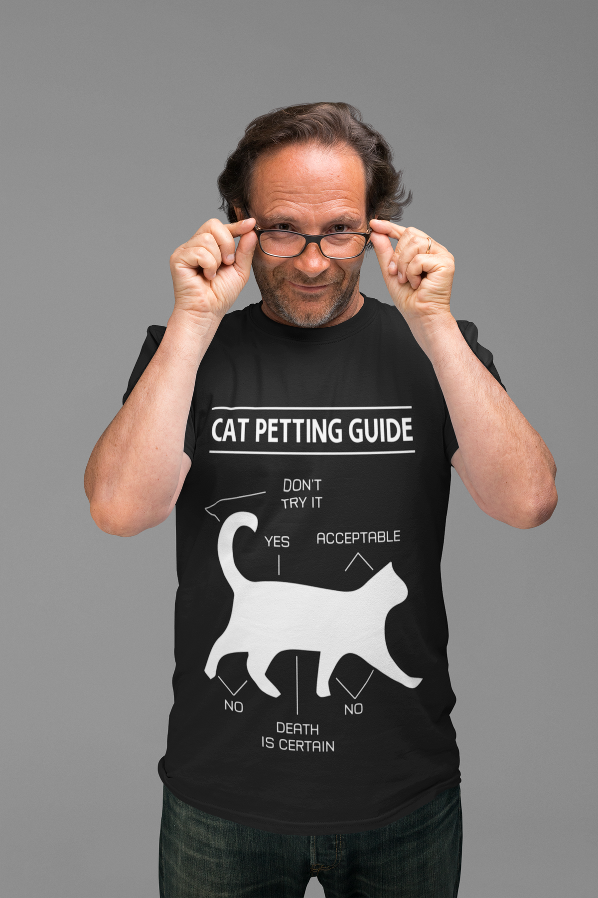 Unisex Classic Crew T-Shirt - 'Cat Petting Guide' Infographic Humor Design, Black & White Silhouette for Cat Lovers