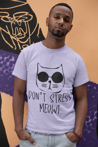 Unisex Classic Crew T-Shirt - 'Don't Stress Meowt' Cat Design | Playful Monochrome Graphic Tee with Sunglasses Cat & Hand-Drawn Text