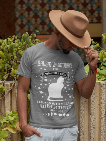 Unisex Gothic Mystical Cat T-Shirt - Salem Sanctuary Witchy Design with Moon Phases & Stars