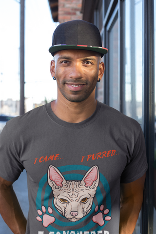 Unisex Classic Crew T-Shirt - Bold Cat Humor Design | 'I Came, I Purred, I Conquered' Sphynx Graphic in Pink, Teal, Orange & White