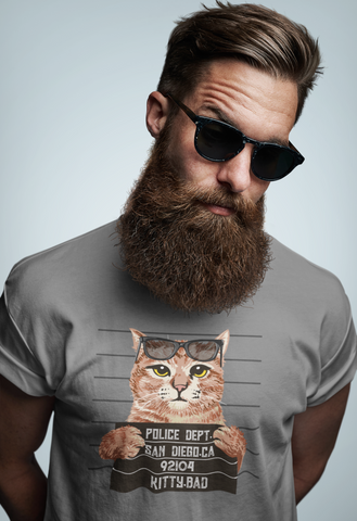 Humorous Cat Mugshot T-Shirt - Quirky Unisex Tee with Rebellious Sunglasses Design in Earthy Tones
