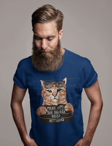 Humorous Cat Mugshot T-Shirt - Quirky Unisex Tee with Rebellious Sunglasses Design in Earthy Tones
