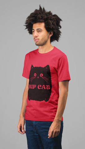 Unisex Classic Crew T-Shirt with Quirky 'HIP CAT' Cartoon Design – Monochrome Humor & Style
