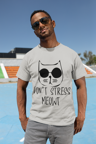 Unisex Classic Crew T-Shirt - 'Don't Stress Meowt' Cat Design | Playful Monochrome Graphic Tee with Sunglasses Cat & Hand-Drawn Text