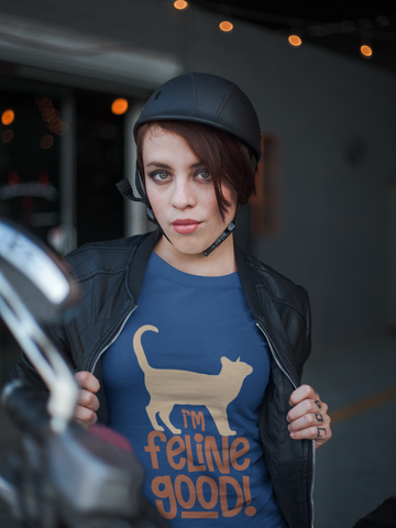 Unisex Classic Crew T-Shirt - 'I'm Feline Good' Cat Silhouette & Punny Phrase Design, Bold Orange Text, Fun & Quirky Casual Wear for Cat Lovers