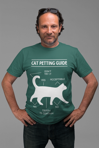 Unisex Classic Crew T-Shirt - 'Cat Petting Guide' Infographic Humor Design, Black & White Silhouette for Cat Lovers