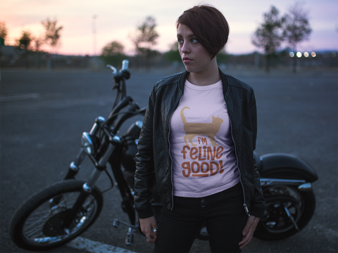 Unisex Classic Crew T-Shirt - 'I'm Feline Good' Cat Silhouette & Punny Phrase Design, Bold Orange Text, Fun & Quirky Casual Wear for Cat Lovers