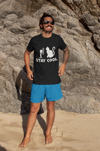 Unisex Classic Crew T-Shirt - 'Stay Cool' Cat & Fan Graphic | Monochrome Humor Design | Vintage Minimalist Style