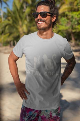 Unisex Classic Crew T-Shirt - 'Stay Cool' Cat & Fan Graphic | Monochrome Humor Design | Vintage Minimalist Style