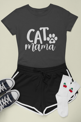 Female Classic Crew T-Shirt - 'CAT Mama' Playful Paw Print Design for Cat Lovers | Bold Text & Cursive Style