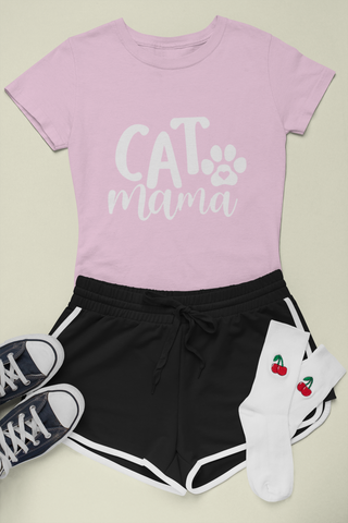 Female Classic Crew T-Shirt - 'CAT Mama' Playful Paw Print Design for Cat Lovers | Bold Text & Cursive Style