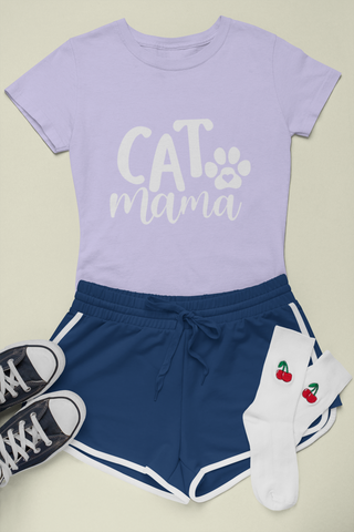 Female Classic Crew T-Shirt - 'CAT Mama' Playful Paw Print Design for Cat Lovers | Bold Text & Cursive Style