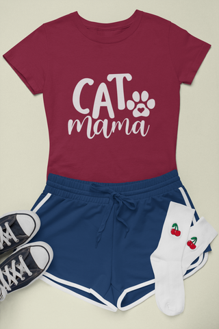 Female Classic Crew T-Shirt - 'CAT Mama' Playful Paw Print Design for Cat Lovers | Bold Text & Cursive Style