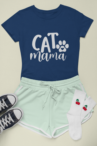 Female Classic Crew T-Shirt - 'CAT Mama' Playful Paw Print Design for Cat Lovers | Bold Text & Cursive Style