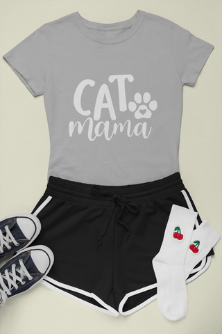 Female Classic Crew T-Shirt - 'CAT Mama' Playful Paw Print Design for Cat Lovers | Bold Text & Cursive Style