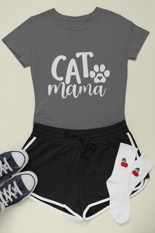 Female Classic Crew T-Shirt - 'CAT Mama' Playful Paw Print Design for Cat Lovers | Bold Text & Cursive Style