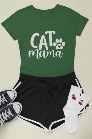 Female Classic Crew T-Shirt - 'CAT Mama' Playful Paw Print Design for Cat Lovers | Bold Text & Cursive Style
