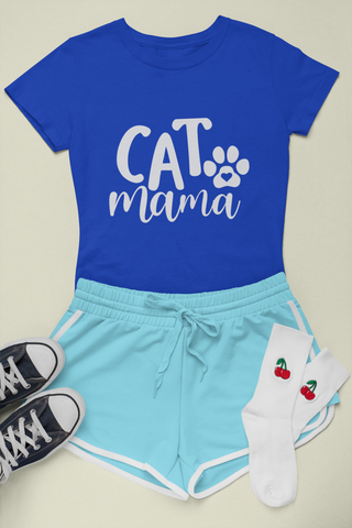 Female Classic Crew T-Shirt - 'CAT Mama' Playful Paw Print Design for Cat Lovers | Bold Text & Cursive Style
