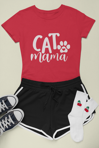 Female Classic Crew T-Shirt - 'CAT Mama' Playful Paw Print Design for Cat Lovers | Bold Text & Cursive Style
