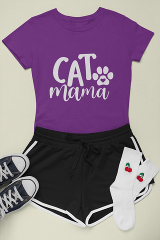 Female Classic Crew T-Shirt - 'CAT Mama' Playful Paw Print Design for Cat Lovers | Bold Text & Cursive Style