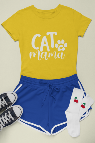 Female Classic Crew T-Shirt - 'CAT Mama' Playful Paw Print Design for Cat Lovers | Bold Text & Cursive Style