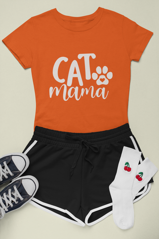 Female Classic Crew T-Shirt - 'CAT Mama' Playful Paw Print Design for Cat Lovers | Bold Text & Cursive Style