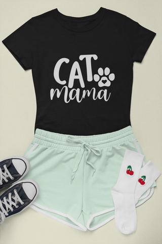 Female Classic Crew T-Shirt - 'CAT Mama' Playful Paw Print Design for Cat Lovers | Bold Text & Cursive Style