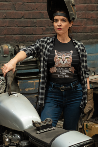 Humorous Cat Mugshot T-Shirt - Quirky Unisex Tee with Rebellious Sunglasses Design in Earthy Tones