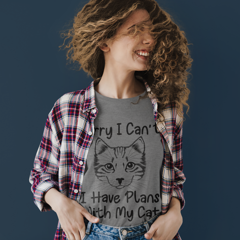 Unisex Classic Crew T-Shirt - Humorous Cat Lover Design | 'Sorry I Can't, I Have Plans With My Cat' | Monochrome Sketch Print on Light Tees | Casual & Playful Pet-Themed Apparel