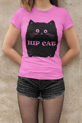 Unisex Classic Crew T-Shirt with Quirky 'HIP CAT' Cartoon Design – Monochrome Humor & Style