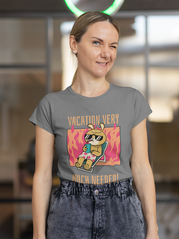 Women’s Black Cotton T-Shirt – “Vacation Very Much Needed!” Funny Holiday Graphic Tee