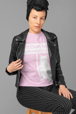 Unisex T-Shirt with Quirky 'Freedom for Schrödinger's Cat' Design – Bold White Graphics & Text, Science Humor Tee