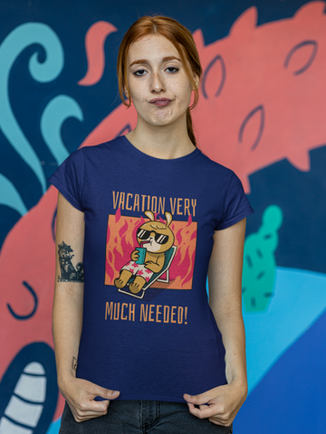 Women’s Black Cotton T-Shirt – “Vacation Very Much Needed!” Funny Holiday Graphic Tee